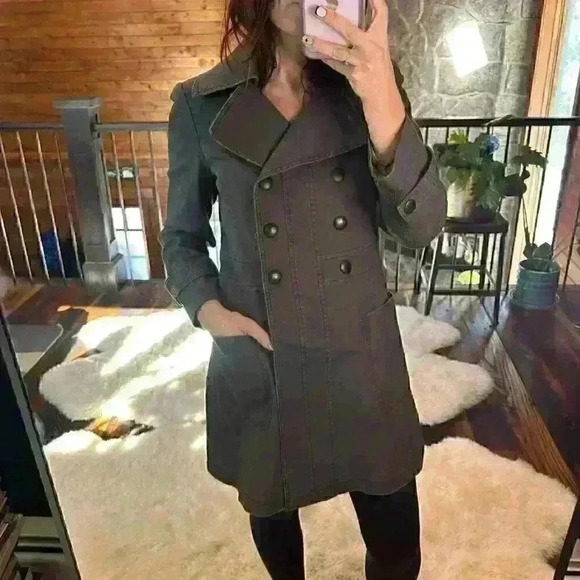 ALICE & OLIVIA Dark Gray Canvas Long Button Up Industrial Pea Coat Women Small - Picture 2 of 16